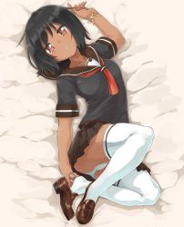 1girl black_hair bracelet brown_eyes collarbone dark-skinned_female dark_skin female_focus jewelry loafers looking_at_viewer lying mary_janes naka_akira original panties pleated_skirt school_uniform serafuku shoe_dangle shoes short_hair skirt solo thighhighs underwear white_panties white_thighhighs