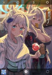 2girls :d ? absurdres ahoge alternate_costume alternate_hairstyle animal_ear_fluff animal_ears backlighting bag balaclava blue_archive blue_eyes blurry bow braid braided_bun breasts candy_apple cleavage collarbone commentary cross_hair_ornament depth_of_field deriolet dual_persona eating english_commentary fake_screenshot food food_stand grey_hair hair_between_eyes hair_bow hair_bun hair_ornament hair_ribbon halo head_tilt highres holding holding_skewer japanese_clothes kimono large_breasts long_hair long_sleeves looking_at_viewer medium_hair mismatched_pupils mouth_hold multiple_girls obi open_mouth outdoors paper_bag profile_picture ribbon sash selfie shiroko_(blue_archive) shiroko_terror_(blue_archive) sidelocks skewer smile summer_festival taiyaki viewfinder wagashi wide_sleeves wolf_ears wolf_girl yukata
