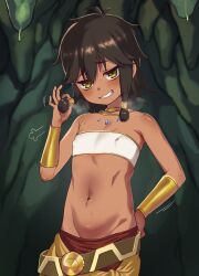 1girl absurdres adjusting_hair bare_shoulders black_hair blush bracelet breath cave covered_erect_nipples cowboy_shot dark-skinned_female dark_skin dot_nose dungeon_ni_deai_wo_motomeru_no_wa_machigatteiru_darou_ka eyebrows eyelashes female_focus flat_chest grin hand_on_own_hip hand_up heavy_breathing highres indoors jewelry loli looking_at_viewer lowleg lowleg_skirt medium_hair mesugaki midriff naughty_face navel necklace red_skirt skirt smile smug solo standing strapless teeth tiona_hyryute tube_top two-tone_skirt variant_set white_tube_top yellow_eyes yellow_skirt yoma_(mayo)