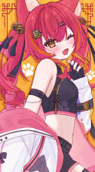 1girl :d absurdres anku arm_at_side arm_strap armband armpit_crease bare_shoulders bell belt black_armband black_gloves black_nails black_ribbon black_shirt black_shorts blush breasts chinese_clothes cowboy_shot crop_top eyelashes fang fingerless_gloves from_side gloves hair_bell hair_between_eyes hair_intakes hair_ornament hair_ribbon hairclip hand_up highres jacket jacket_partially_removed jingle_bell kanji_hair_ornament long_hair looking_at_viewer looking_to_the_side midriff multicolored_hair nail_polish navel nekota_tsuna one_eye_closed open_mouth orange_eyes orange_hair paw_print paw_print_background red_hair ribbon shirt short_shorts shorts sidelocks skin_fang sleeveless sleeveless_shirt small_breasts smile solo streaked_hair thick_eyelashes twintails virtual_youtuber vspo! white_jacket yellow_background