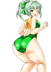 1girl ass back blush bow breasts brown_eyes commentary_request green_hair green_one-piece_swimsuit grey_hair hair_bow hair_ribbon kantai_collection kudou_(ooabareteng) looking_at_viewer looking_back one-piece_swimsuit one_eye_closed open_mouth ponytail ribbon short_hair smile solo swimsuit white_background yuubari_(kancolle)