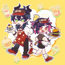 :d apron artist_name black_bow black_bowtie black_hair black_pants blunt_bangs blunt_ends blush blush_stickers bow bowtie brown_shirt burger cherry chip_(disney) collared_shirt colored_inner_hair commentary crossed_bangs cup cupcake dale_(disney) deformed disney disposable_cup dragon_boy dragon_horns drink drinking_straw drop_shadow employee_uniform fang fast_food fast_food_uniform food french_fries fruit green_eyes hair_between_eyes hair_flaps highres holding holding_pastry_bag holding_plate horns ice_cream lilia_vanrouge long_sleeves looking_at_viewer malleus_draconia medium_hair mini_flag multicolored_hair official_alternate_costume open_mouth outline pants pastry_bag pink_hair plate pointy_ears red_apron red_eyes red_shoes riko_shinkai shirt shoes short_hair simple_background single_blush_sticker smile socks spoon standing star_(symbol) streaked_hair striped_bow striped_bowtie striped_clothes striped_shirt symbol-only_commentary traditional_bowtie twisted_wonderland two-tone_hair utensil_in_mouth visor_cap white_outline white_shirt white_socks wing_collar yellow_background