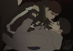 2boys absurdres afraid_of_monsters bags_under_eyes black_gloves black_hair black_hoodie bloodshot_eyes brown_eyes brown_hair cry_of_fear david_leatherhoff doodle_inset fingerless_gloves gloves grey_hoodie hand_on_another&#039;s_arm hand_on_another&#039;s_chest highres hood hood_down hoodie ju-san looking_at_another lying lying_on_person male_focus messy_hair multiple_boys narrowed_eyes on_back on_ground print_hoodie scar scar_on_face short_hair simon_henriksson turtleneck upper_body