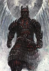 armor colored_skin daiei_motion_picture daimajin daimajin_(series) demon g.n.a golem green_skin helmet highres japanese_armor kaiju looking_at_viewer parted_water return_of_daimajin samurai scabbard sheath spirit statue sword warrior water waterfall weapon