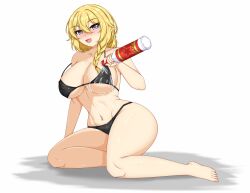 1girl absurdres alcohol barefoot bikini bikini_top_pull black_bikini blonde_hair blue_eyes blush braid breasts cleavage drunk feet girls&#039;_frontline highres large_breasts legs long_hair looking_at_viewer mosin-nagant_(girls&#039;_frontline) navel open_mouth pouring pouring_onto_self sideboob sitting smile swimsuit teasing thick_thighs thighs tongue underboob vodka wardrobe_malfunction