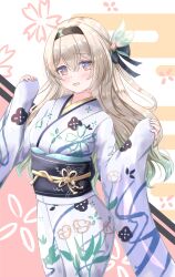1girl akaneuta_chitose black_hairband firefly_(honkai:_star_rail) grey_hair hair_ornament hairband highres honkai:_star_rail honkai_(series) japanese_clothes kimono long_hair looking_at_viewer multicolored_eyes obi orange_eyes print_kimono purple_eyes sash smile solo two-tone_eyes