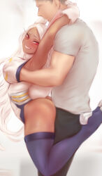 1boy 1girl animal_ears armpits ass black_pants blush boku_no_hero_academia breasts clothing_cutout commentary crescent_print dark-skinned_female dark_skin english_commentary faceless faceless_male from_side fur_collar gloves grabbing_another&#039;s_breast groping hand_under_clothes hands_on_another&#039;s_neck highleg highleg_leotard highres holding large_breasts leotard lifting_person long_eyelashes long_hair looking_at_viewer mirko pants parted_bangs purple_thighhighs rabbit_ears rabbit_girl rabbit_tail red_eyes shirt shpo sleeveless_turtleneck_leotard smile tail tail_through_clothes taut_leotard thighhighs thighs toned toned_female very_long_hair white_background white_gloves white_hair white_leotard white_shirt