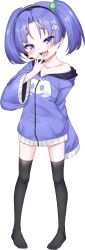 Rule 34 | 1girl, absurdres, black hairband, black thighhighs, blush, collarbone, discord, fang, female focus, flat chest, full body, hair ornament, hairband, headset, highres, hood, hooded jacket, jacket, long sleeves, looking at viewer, mesugaki, no shoes, nomorakazu, open mouth, original, personification, pigeon-toed, purple eyes, purple hair, purple jacket, short hair, simple background, single bare shoulder, skin fang, solo, standing, thighhighs, toes, transparent background, twintails, wide sleeves
