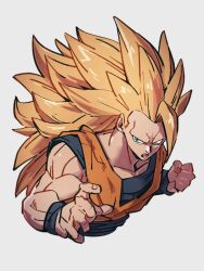 Rule 34 | 1boy, blonde hair, blue eyes, dragon ball, dragonball z, grey background, kemachiku, long hair, male focus, muscular, muscular male, no eyebrows, open mouth, simple background, solo, son goku, super saiyan, super saiyan 3, upper body