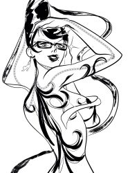 1girl 2023 arms_up bayonetta bayonetta_(series) beehive_hairdo black_hair breasts chain commentary cropped_torso earrings english_commentary female_focus gameplay_mechanics glasses grin hand_on_own_head highres jewelry large_breasts lips lipstick long_hair looking_at_viewer makeup mature_female mole mole_on_cheek monochrome nude sideboob simple_background smile solo thick_lips undressing upper_body valemi_bird very_long_hair white_background