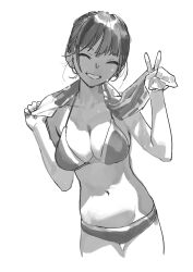 1girl ^_^ absurdres bikini breasts cleavage closed_eyes greyscale halterneck han-0v0 highres monochrome navel original simple_background smile solo swimsuit towel towel_around_neck v