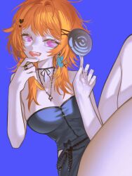 1girl black_skirt blue_background breasts candy earrings feather_earrings feathers food hair_ornament heart heart_hair_ornament highres holding holding_candy holding_food holding_lollipop hololive hololive_english jewelry knees_up large_breasts lollipop long_hair necklace open_mouth orange_hair pink_eyes pungson_mori simple_background skirt solo strapless swirl_lollipop takanashi_kiara tongue tongue_out virtual_youtuber