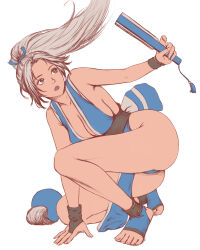 1girl alternate_color breasts chang_yu-shun commentary fatal_fury folded_fan folding_fan hand_fan hatching_(texture) highres holding holding_fan large_breasts long_hair ninja ponytail shiranui_mai simple_background solo toes white_background