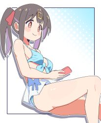 Rule 34 | 1girl, bare arms, bare legs, bare shoulders, bikini, bikini skirt, black hair, blue bikini, blush stickers, border, breasts, brown eyes, commentary, front-tie bikini top, front-tie top, hair ornament, hairclip, highres, holding, holding phone, long hair, medium breasts, multicolored hair, noyama takenoko, onii-chan wa oshimai!, outline, outside border, oyama mihari, phone, purple hair, simple background, skirt, smile, solo, swimsuit, twintails, two-tone hair, white border, white outline, white skirt