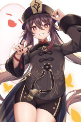 Rule 34 | 1girl, arm up, bike shorts, black nails, black shirt, black shorts, bug, butterfly, flat chest, genshin impact, ghost, grin, hand on headwear, hand up, hat, highres, hip focus, hu tao (genshin impact), insect, jewelry, long sleeves, looking at viewer, multiple rings, nail polish, porkpie hat, red eyes, ring, shirt, short shorts, shorts, simple background, smile, solo, symbol-shaped pupils, thighs, white background, wide sleeves, yuririn poi