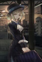 1girl artist_request ascot black_coat black_hat black_pants boater_hat building closed_mouth coat commission cowboy_shot grey_eyes grey_hair hair_bun hat highres holding holding_suitcase night night_sky outdoors pants pillar reverse:1999 second-party_source shirt short_hair single_side_bun sky solo suitcase train_station_platform vertin_(reverse:1999) watermark white_ascot white_shirt