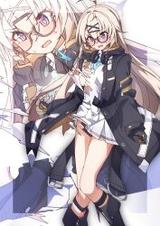 Rule 34 | 1girl, absurdres, ahoge, black-framed eyewear, black gloves, black jacket, black panties, blonde hair, blue archive, breasts, glasses, gloves, halo, headphones, headphones around neck, highres, jacket, kotama (blue archive), large breasts, long hair, long sleeves, open clothes, open jacket, open mouth, panties, purple eyes, purple halo, shirt, solo, sweatdrop, to (tototo tk), torn clothes, torn panties, torn shirt, underwear, zoom layer