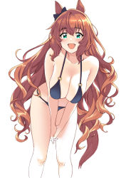 1girl :d absurdres animal_ears bikini black_bikini black_ribbon bow breasts collarbone commentary_request ear_ribbon green_eyes hanging_breasts highres horse_ears horse_girl horse_tail large_breasts long_hair looking_at_viewer maruzensky_(umamusume) o-ring o-ring_bikini o-ring_top open_mouth ribbon simple_background smile solo standing swimsuit tail umamusume white_background whoosaku