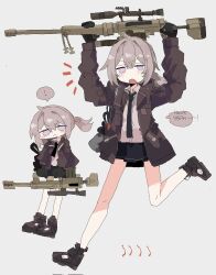 ! 1girl black_gloves black_necktie black_skirt bolt_action brown_jacket brown_shoes cheytac_m200 closed_mouth english_text full_body girls&#039;_frontline gloves grey_hair gun highres holding holding_gun holding_weapon jacket light_blush long_sleeves looking_at_viewer m200_(girls&#039;_frontline) necktie odmised open_clothes open_jacket open_mouth ponytail purple_eyes rifle shirt shoes sidelocks simple_background skirt sniper_rifle speech_bubble spoken_exclamation_mark weapon white_background white_shirt