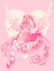1girl aino_megumi angel_wings bow commentary_request cure_lovely dated dress feathered_wings footwear_bow frilled_dress frilled_sleeves frilled_thigh_strap frilled_wrist_cuffs frills full_body hair_ornament halftone halftone_background happinesscharge_precure! happy_birthday heart heart_hair_ornament high_heels highres interlocked_fingers leg_ribbon long_hair magical_girl own_hands_together pink_background pink_bow pink_dress pink_hair pink_ribbon pink_shoes pink_theme pink_wrist_cuffs ponytail precure protected_link pumps ribbon shoes short_dress short_sleeves sitting solo super_happiness_lovely thigh_strap thighhighs very_long_hair white_sleeves white_thighhighs white_wings wings wrist_cuffs yuucho_(cololal)