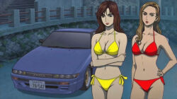 2girls absurdres arm_support bikini bra breasts brown_eyes brown_hair car casual cityscape cleavage crossed_arms crossed_legs day dutch_angle female_focus fence hair_over_shoulder highres initial_d jewelry large_breasts leaning_back leg_lift legs lips long_hair looking_at_viewer medium_breasts motor_vehicle multiple_girls nissan nissan_sileighty no_socks outdoors parted_bangs public_indecency railing red_bikini right-hand_drive ring satou_mako sayuki sayuki_(initial_d) shadow shoes side_slit sil-eighty sky sneakers standing star_(symbol) star_print swept_bangs swimsuit third-party_edit underwear vehicle_focus wavy_hair yellow_bikini