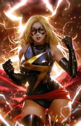 1girl black_boots black_gloves black_leotard blonde_hair blue_eyes bodysuit boots carol_danvers clenched_hands dcwj elbow_gloves gloves highres latex latex_bodysuit latex_gloves leotard lightning long_hair looking_at_viewer marvel ms._marvel red_sash sash signature solo thigh_boots waist_sash