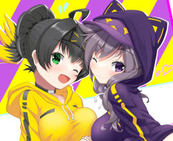 2girls ahoge animal_hood black_choker black_hair black_hoodie blush breasts cat_hood choker duel_monster forehead_protector green_eyes grey_hair highres hood hoodie i:p_masquerena large_breasts long_hair multiple_girls ninja official_alternate_costume one_eye_closed open_mouth ponytail purple_eyes s-force_rappa_chiyomaru s:p_little_knight shizuku-p_(ktps5732) short_hair smile yellow_hoodie yu-gi-oh!