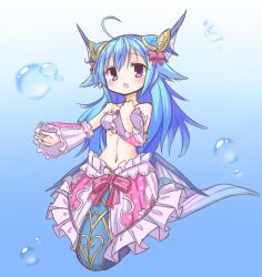 1girl ahoge bare_shoulders blue_hair breasts bubble dress emil_chronicle_online frilled_dress frills frr_(akf-hs) hair_ornament highres horns long_hair lorelei_lore medium_breasts mermaid monster_girl navel open_mouth purple_eyes raised_inner_eyebrows sad simple_background tearing_up wide_sleeves