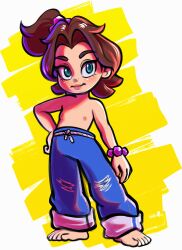 1girl aged_down arm_at_side armpit_crease artist_request baggy_pants barefoot blue_eyes bracelet brown_hair clenched_hand curtained_hair denim donkey_kong_(series) donkey_kong_bananza eyelashes feet female_focus flat_chest freckles full_body hair_intakes hair_ornament hand_on_own_hip highres jeans jewelry lips loli looking_at_viewer medium_hair neck nintendo nipples no_shirt pants pants_rolled_up parted_bangs pauline_(mario) rope_belt shiny_skin side_ponytail sidelocks small_nipples smile standing stomach thick_eyebrows toes topknot topless_female torn_clothes torn_pants