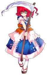 Rule 34 | 1girl, alphes (style), arm behind back, collarbone, commentary request, dairi, full body, highres, holding, holding scythe, holding weapon, japanese clothes, kimono, large variant set, multicolored kimono, obi, onozuka komachi, parody, red hair, sash, scythe, shaded face, short hair, short sleeves, socks, solo, standing, style parody, tabi, tachi-e, touhou, transparent background, two side up, variant set, weapon, white socks