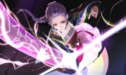 1girl attack braid braided_ponytail brown_eyes commentary eyelashes glint hashtag-only_commentary highres holding holding_weapon kpop_demon_hunters kunmang long_sleeves microphone purple_hair rumi_(kpop_demon_hunters) smile solo symbol-only_commentary weapon