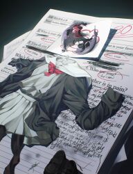 Rule 34 | asahina mafuyu, balloon, black cardigan, black pantyhose, black shoes, cardigan, character name, commentary, english commentary, english text, from above, grey serafuku, grey shirt, grey skirt, highres, instagram logo, instagram username, loafers, long sleeves, meiik a, miyamasuzaka girls&#039; academy school uniform, neckerchief, no humans, open cardigan, open clothes, pantyhose, paper, paper stack, pleated skirt, popped balloon, project sekai, red neckerchief, sailor collar, school uniform, serafuku, shirt, shoes, skirt, tape, thumbtack, twitter username, twitter x logo, unworn clothes, unworn pantyhose, unworn shoes, white sailor collar
