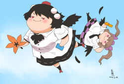 2girls black_bow black_bowtie black_hair black_necktie black_skirt black_socks black_wings blue_background blush bow bowtie brown_hair cellphone checkered_clothes checkered_skirt closed_mouth collared_shirt commentary_request fat feathered_wings flip_phone flying full_body geta hair_bow hat hauchiwa himekaidou_hatate long_hair multiple_girls necktie onikobe_rin phone pom_pom_(clothes) purple_bow purple_hat purple_skirt red_eyes red_hat red_shoes shameimaru_aya shirt shoes short_hair short_sleeves skirt smile socks tengu-geta tokin_hat touhou twintails v-shaped_eyebrows white_shirt wings