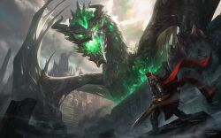 1boy building cloud cloudy_sky dragon endless_gods energy knight looking_at_another looking_at_monster monster monster_focus sky solo sunlight yin_yuming