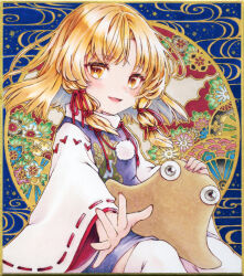 1girl animal_print blonde_hair brown_hat commentary_request frog_print hair_ribbon hat highres long_hair long_sleeves looking_at_viewer marker_(medium) moriya_suwako no_headwear open_mouth purple_skirt purple_vest red_ribbon ribbon ribbon-trimmed_sleeves ribbon_trim rope s.mamiya skirt skirt_set smile solo thighhighs touhou traditional_media tress_ribbon unworn_headwear vest white_thighhighs wide_sleeves yellow_eyes
