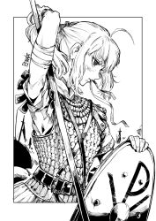 1girl ahoge armor artoria_pendragon_(fate) bandages belt fate/grand_order fate_(series) highres holding holding_shield knight lamellar_armor monochrome pirata_(gailtonatiu) saber_(fate) shield signature solo