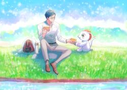 Rule 34 | 1boy, alternate costume, blue hair, brown bag, brown shoes, collared shirt, day, digimon, digimon adventure 02, food, glasses, gomamon, grass, green eyes, grey pants, highres, holding, holding food, kido jo, looking at another, male focus, outdoors, pants, pqtiger, river, shirt, shoes, short hair, sitting, thermos, water, white fur, white shirt