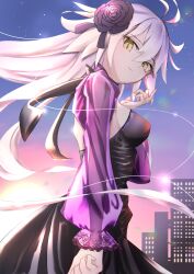 Rule 34 | 1girl, absurdres, ahoge, beatrix vivi, black dress, blue sky, breasts, cityscape, dress, fate/grand order, fate (series), flower, grey hair, hair flower, hair ornament, highres, jeanne d&#039;arc alter (fate), jeanne d&#039;arc alter (over the same sky) (fate), large breasts, long hair, long sleeves, orange sky, purple shrug, sky, smile, solo, twilight, very long hair, yellow eyes