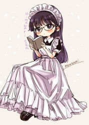 Rule 34 | 1girl, alternate costume, apron, artist name, black-framed eyewear, black dress, black shoes, blush, blush stickers, book, character name, closed mouth, collared dress, commentary request, copyright name, cross-laced shoes, dress, enmaided, expressionless, frilled apron, frills, glasses, grey background, high heels, himawari-san, himawari-san (character), holding, holding book, invisible chair, long hair, looking at viewer, maid, maid apron, maid headdress, open book, puffy short sleeves, puffy sleeves, purple eyes, purple hair, shoes, short sleeves, signature, simple background, sitting, solo, sugano manami, white apron