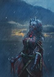 1girl absurdres black_hair blood blood_on_clothes breasts calamity_(terraria_mod) character_request closed_eyes damaged dark_skin dress highres horns long_hair rain solo terraria theoverseer_pal