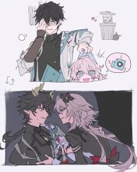 +_+ 1boy 1girl black_dress black_hair black_shirt blue_eyes dan_heng_(honkai:_star_rail) dan_heng_(permansor_terrae)_(honkai:_star_rail) dragon_horns dress evernight_(honkai:_star_rail) hair_ornament hifpfp highres honkai:_star_rail honkai_(series) horns jacket long_hair low_ponytail march_7th_(honkai:_star_rail) pink_hair ponytail shirt short_hair upper_body white_jacket