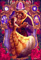 2girls 4boys beast_(disney) beauty_and_the_beast_(disney) belle_(disney) brown_eyes brown_hair chip_potts cogsworth disney dress earrings flower gloves highres jewelry long_hair lumiere_(disney) mrs._potts multiple_boys multiple_girls ponsu_(ponzuxponzu) ponytail rose smile yellow_dress
