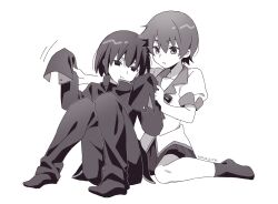1boy 1girl :t empty_eyes full_moon gakuran greyscale highres jacket kanbaru_suruga looking_at_another manimani_(mani_ma) monochrome monogatari_(series) moon naoetsu_high_school_uniform no_shoes oshino_ougi pants pleated_skirt ribbon school_uniform shirt short_hair short_sleeves simple_background sitting skirt sleeves_past_fingers sleeves_past_wrists socks white_background