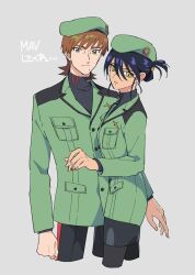 1boy 1girl beret black_hair brown_hair cropped_legs green_eyes grey_background gundam gundam_gquuuuuux hastune hat highres jacket long_sleeves looking_at_viewer military_jacket military_uniform mole mole_under_mouth multicolored_eyes nyaan_(gundam_gquuuuuux) purple_eyes simple_background skirt turtleneck two-tone_eyes updo xavier_olivette yellow_eyes