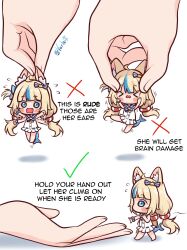 &gt;_&lt; 1girl 1other absurdres ahoge animal_ear_fluff animal_ears blonde_hair blue_eyes blue_hair cat_ears checkmark chibi disembodied_hand dress english_text fins fish_girl fish_tail grabbing_another&#039;s_ear hand_on_another&#039;s_ear highres how_to_hold_x_(meme) indie_virtual_youtuber lifebuoy_hair_ornament lifting_person long_hair low_twintails meme mini_person minigirl multicolored_hair sameko_saba squeezing streaked_hair tail twintails varliet very_long_hair virtual_youtuber white_background white_dress x x_mark