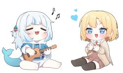 2girls :d absurdres animal_costume barefoot black_thighhighs blonde_hair blue_eyes blue_hoodie blush brown_capelet capelet chibi chibi_only clapping closed_eyes collared_shirt commentary detective fang fins fish_tail gawr_gura gawr_gura_(1st_costume) grey_hair hair_ornament heart highres hololive hololive_english hood hoodie long_sleeves looking_at_viewer multicolored_hair multiple_girls music musical_note necktie open_mouth panties pantyshot plaid_clothes plaid_skirt pleated_skirt red_necktie shark_costume shark_girl shark_print shark_tail shirt short_hair short_necktie singing sitting skirt smile streaked_hair tail thighhighs ugaaaa1 underwear virtual_youtuber watson_amelia watson_amelia_(1st_costume) white_panties white_shirt