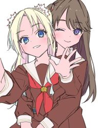 Rule 34 | 2girls, :d, ;), blonde hair, blue eyes, blush, brown dress, brown hair, closed mouth, commentary, curtained hair, dress, fujishima megumi, grin, haruruhaharur, hasu no sora school uniform, highres, hug, hug from behind, link! like! love live!, long hair, long sleeves, looking at viewer, love live!, mira-cra park!, multiple girls, neckerchief, one eye closed, open hand, open mouth, osawa rurino, parted bangs, purple eyes, red neckerchief, sailor collar, sailor dress, school uniform, simple background, smile, symbol-only commentary, twintails, two side up, upper body, virtual youtuber, white background, white sailor collar, winter uniform