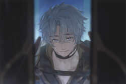 1boy antenna_hair armor black_choker black_shirt blue_eyes choker commentary_request highres honkai:_star_rail honkai_(series) looking_at_viewer male_focus neck_tattoo opening_door pauldrons phainon_(honkai:_star_rail) shirt short_hair shoulder_armor single_pauldron solo sun_symbol sun_tattoo tan tattoo upper_body white_hair xia_qing