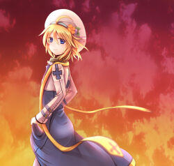 Rule 34 | 1boy, ahoge, arch bishop (ragnarok online), blonde hair, blue coat, blue eyes, closed mouth, cloud, coat, commentary request, cowboy shot, cropped jacket, flower, gradient sky, hat, hat flower, hat ornament, jacket, leaf hat ornament, long sleeves, looking at viewer, looking to the side, male focus, orange flower, orange sky, ragnarok online, red sky, short hair, sky, smile, solo, sunset, tam (ragnarok online), white hat, white jacket, yamai. (alpinum)