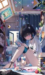 1girl ball_gag bdsm bike_shorts black_choker black_hair bob_cut bondage book book_stack bound breasts choker collar dildo female_masturbation gag hair_ornament hairclip highres holding holding_manga indoors liclac loli lotion_bottle manga_(object) masturbation object_insertion original otaku_room pussy_juice reading scrunchie sex_toy shirt short_sleeves sitting slave small_breasts stuffed_toy too_many too_many_sex_toys vaginal vaginal_object_insertion white_shirt wrist_scrunchie wristband
